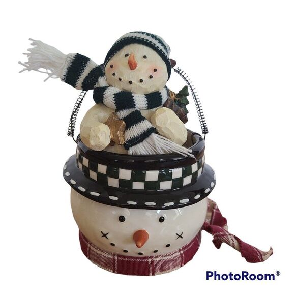 Vintage Wood-Look Snowman Figurine & Ceramic Snowman Bucket Pail Snowman Lot - Picture 1 of 16